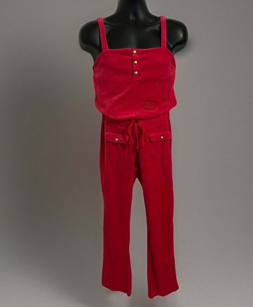 VTG Y2K 90s New Ecko Red Terry Cloth Logo Jumpsuit Romper Wide Leg Glamoratti L